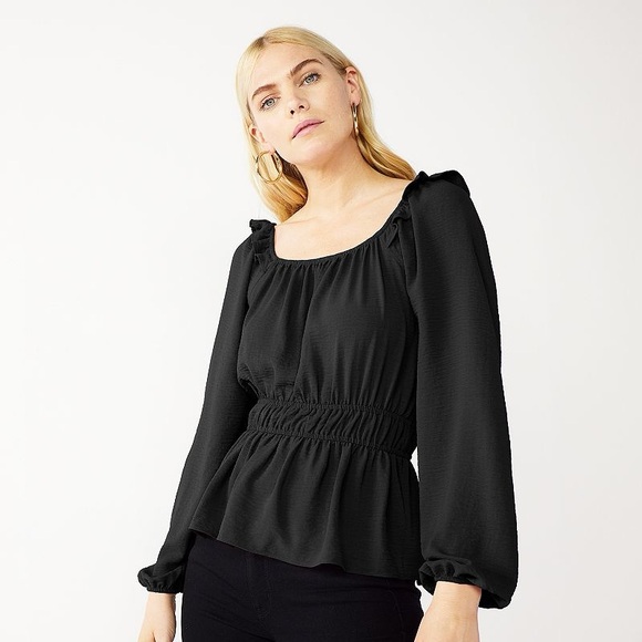 NINE WEST Black Long Sleeve Square Neck Ruffle Peplum Peasant Top Size XXL - Picture 1 of 5